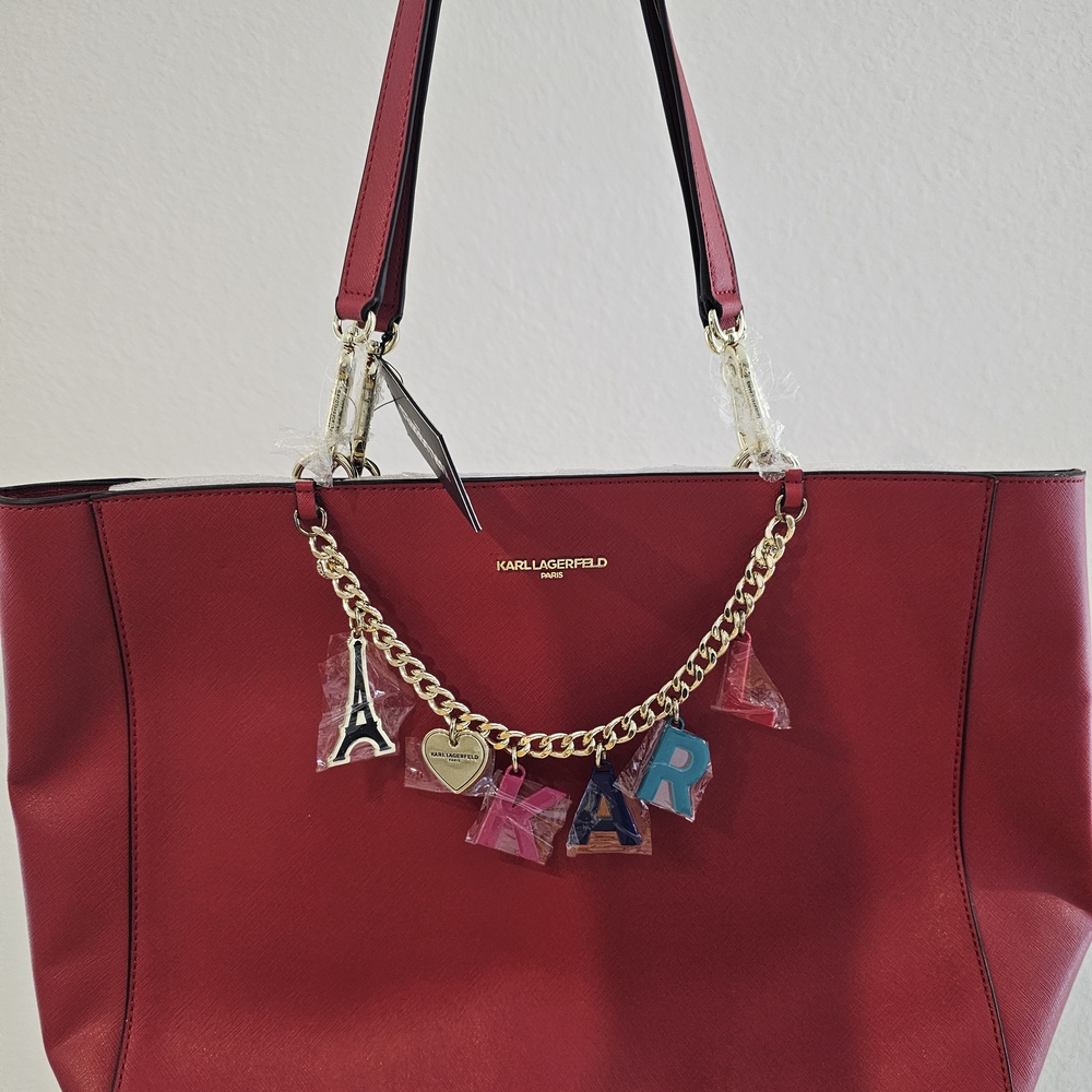 Karl Lagerfeld Bold Red Tote with Charm Accents